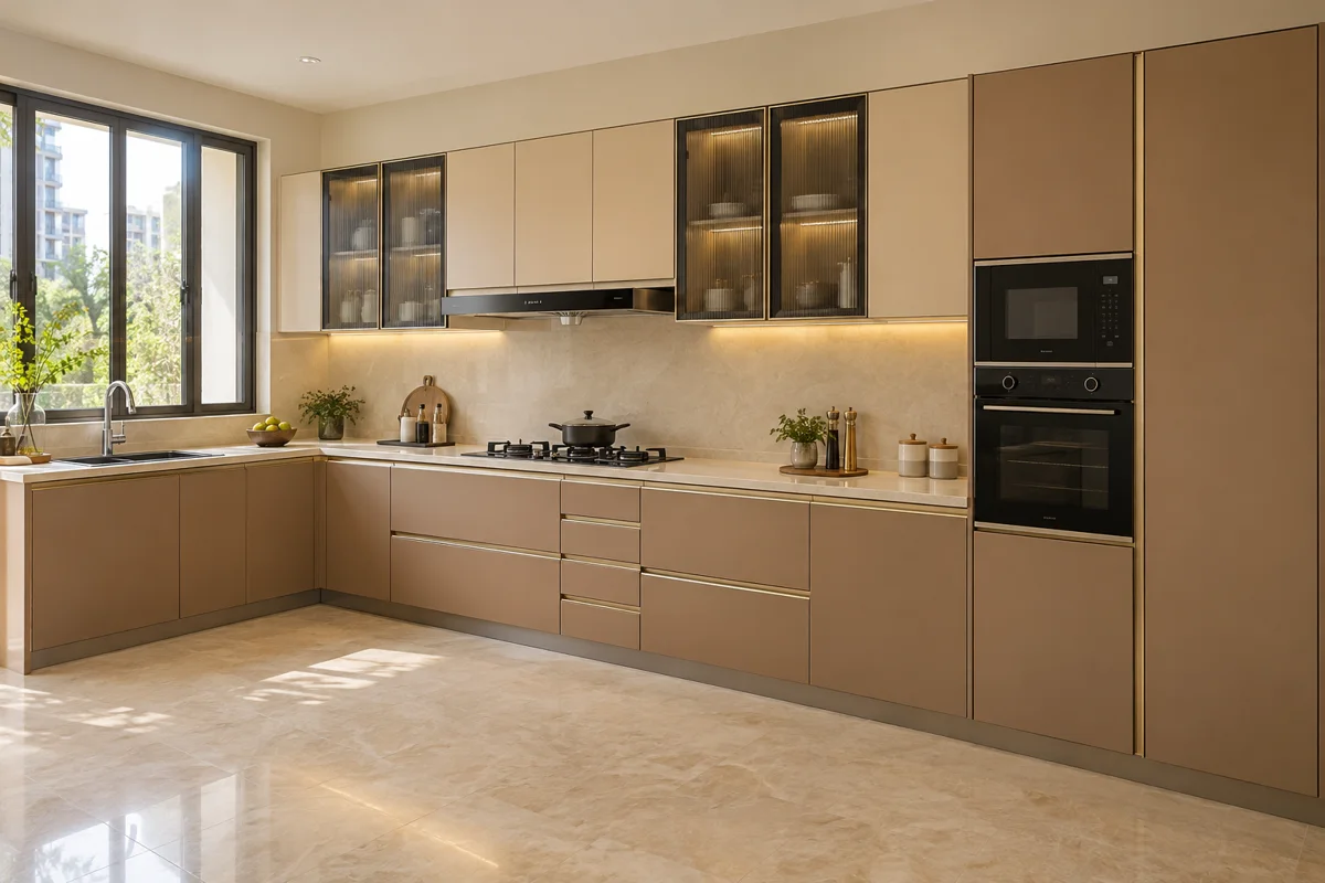 dusty clay and sand beige L-shaped steel kitchen — AI-generated concept