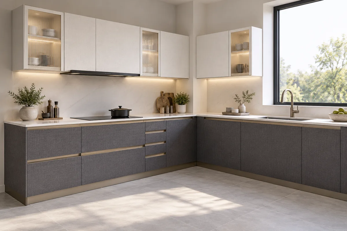 deep grey linen and soft white fine textured decor L-shaped steel kitchen — AI-generated concept