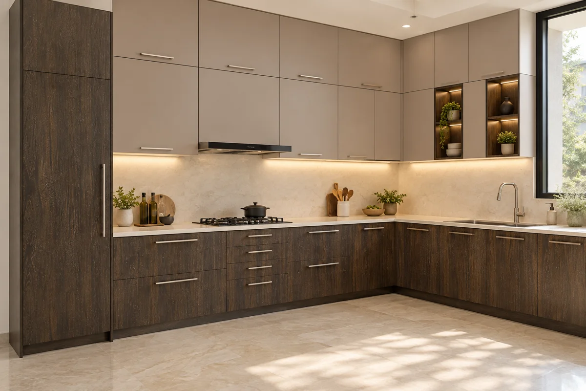 deep olive-brown fine woodgrain and mushroom taupe L-shaped steel kitchen — AI-generated concept