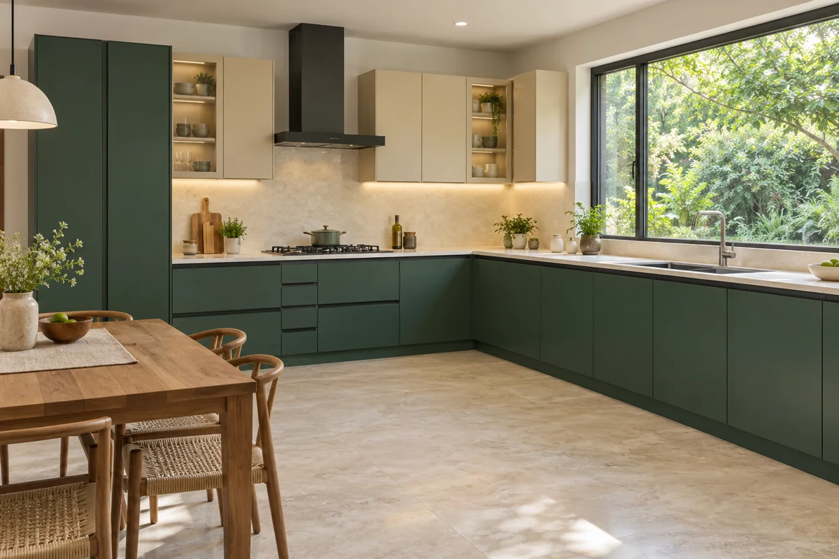 forest green and sand beige L-shaped steel kitchen — AI-generated concept