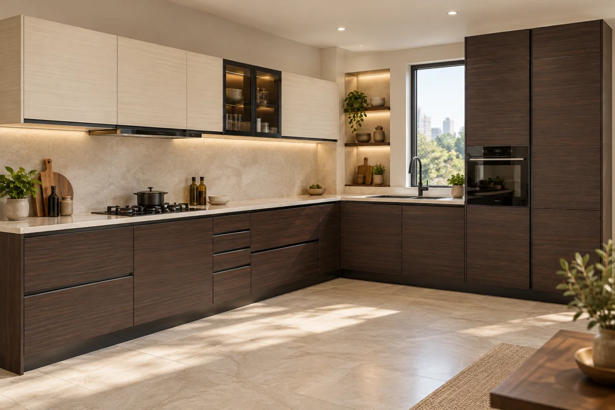 dark brown horizontal grain and light cream horizontal grain L-shaped steel kitchen — AI-generated concept