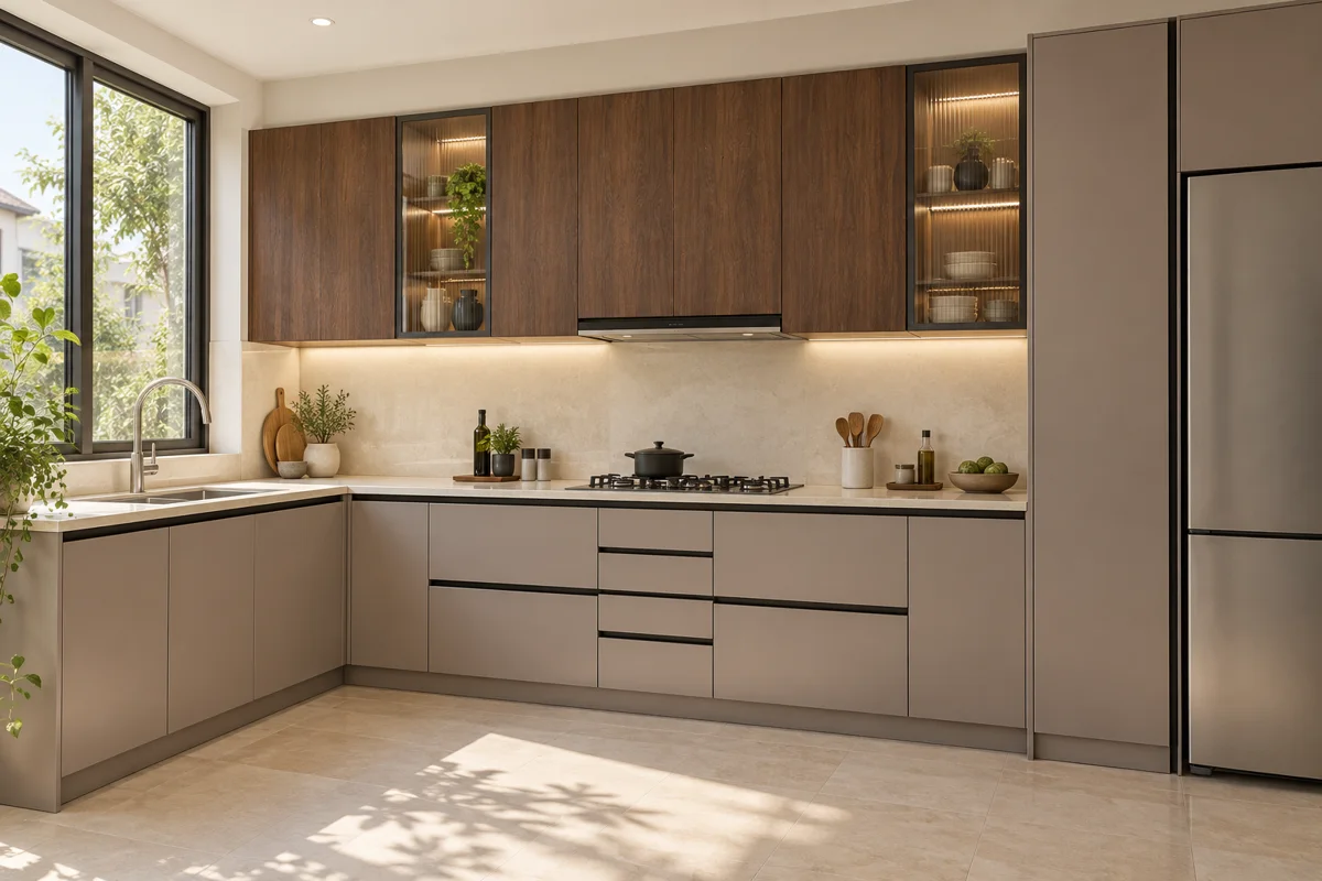 mushroom taupe and medium warm walnut fine grain L-shaped steel kitchen — AI-generated concept