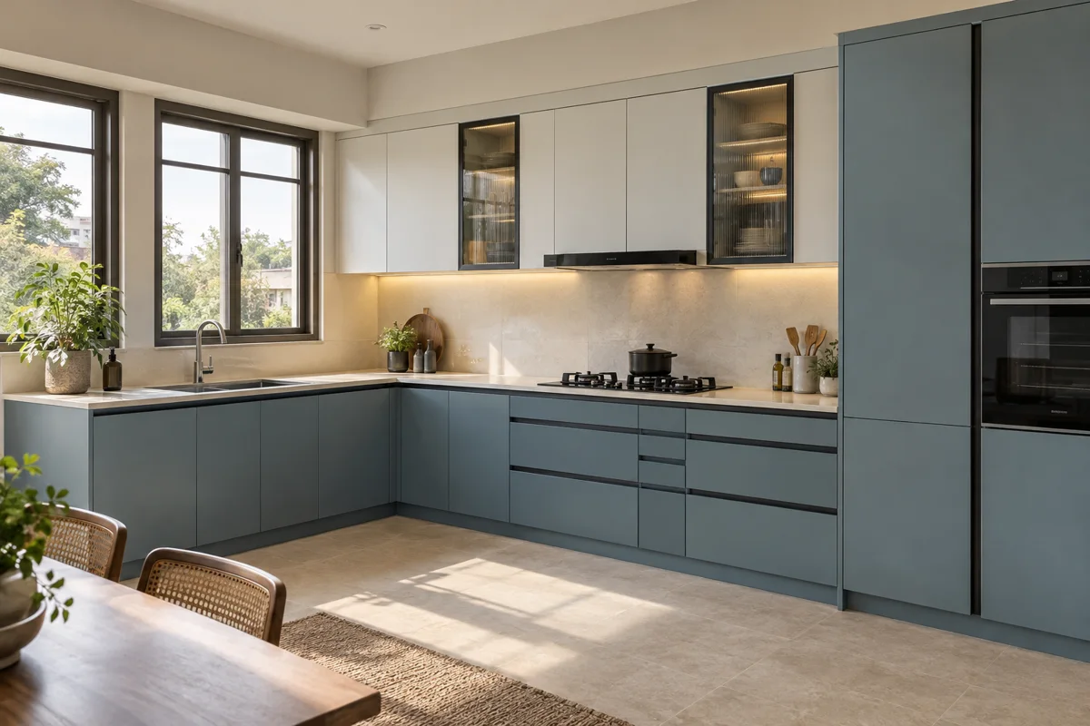 slate blue and oyster white L-shaped steel kitchen — AI-generated concept