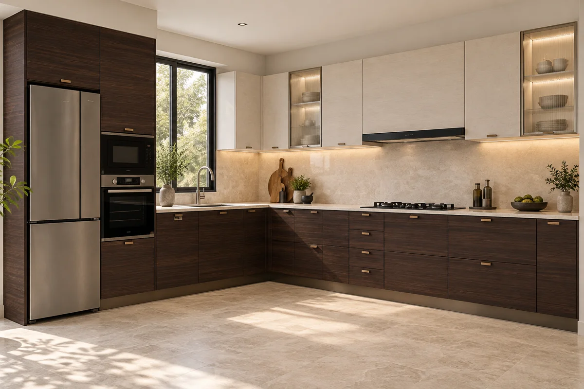 dark chocolate horizontal grain and light greige fine grain L-shaped steel kitchen — AI-generated concept