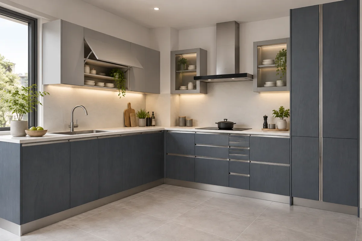slate blue fine grain and stone grey L-shaped steel kitchen — AI-generated concept