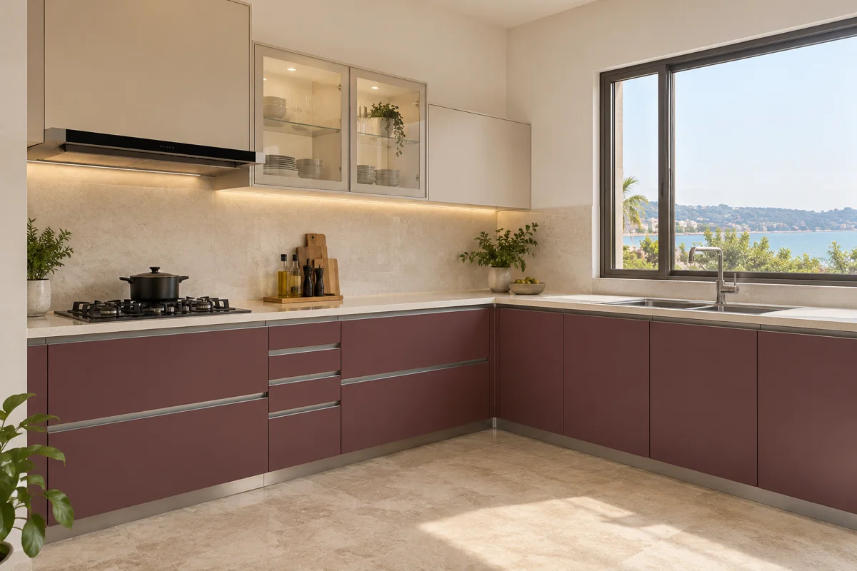 muted burgundy and sand beige L-shaped steel kitchen — AI-generated concept