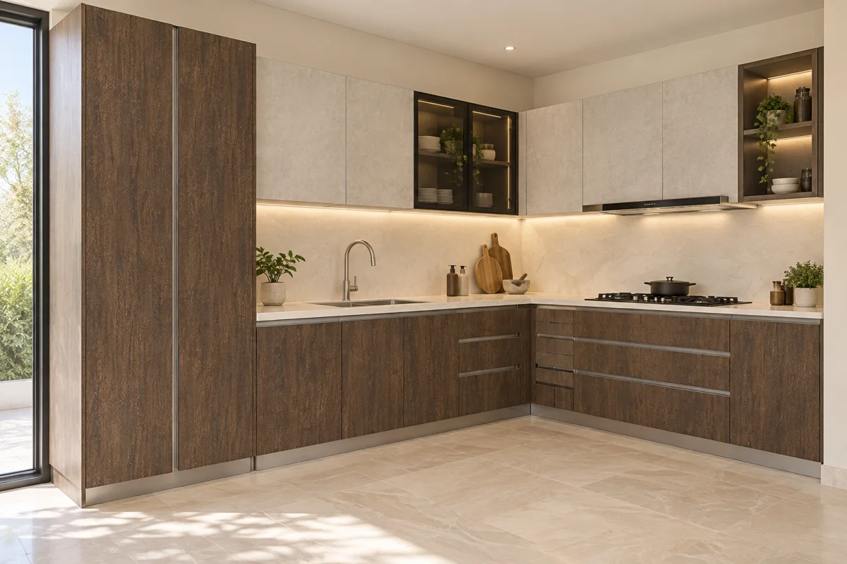medium taupe rough woodgrain and light warm concrete L-shaped steel kitchen — AI-generated concept