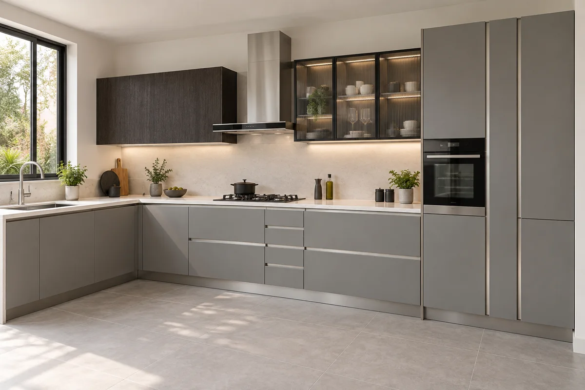 stone grey and charcoal fine grain L-shaped steel kitchen — AI-generated concept
