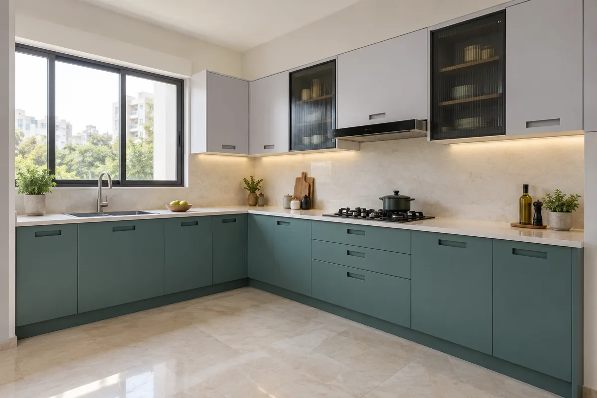 muted teal and pearl grey L-shaped steel kitchen — AI-generated concept