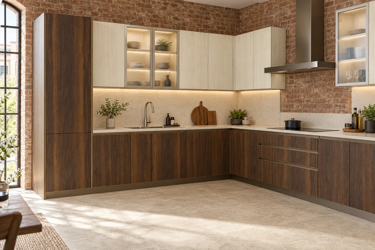 warm medium brown woodgrain and pale cream oak grain L-shaped steel kitchen — AI-generated concept