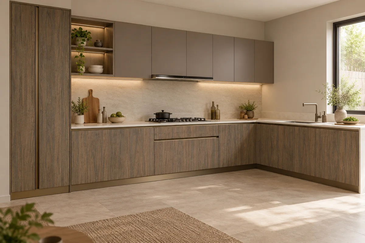 taupe rustic oak grain and cocoa taupe L-shaped steel kitchen — AI-generated concept
