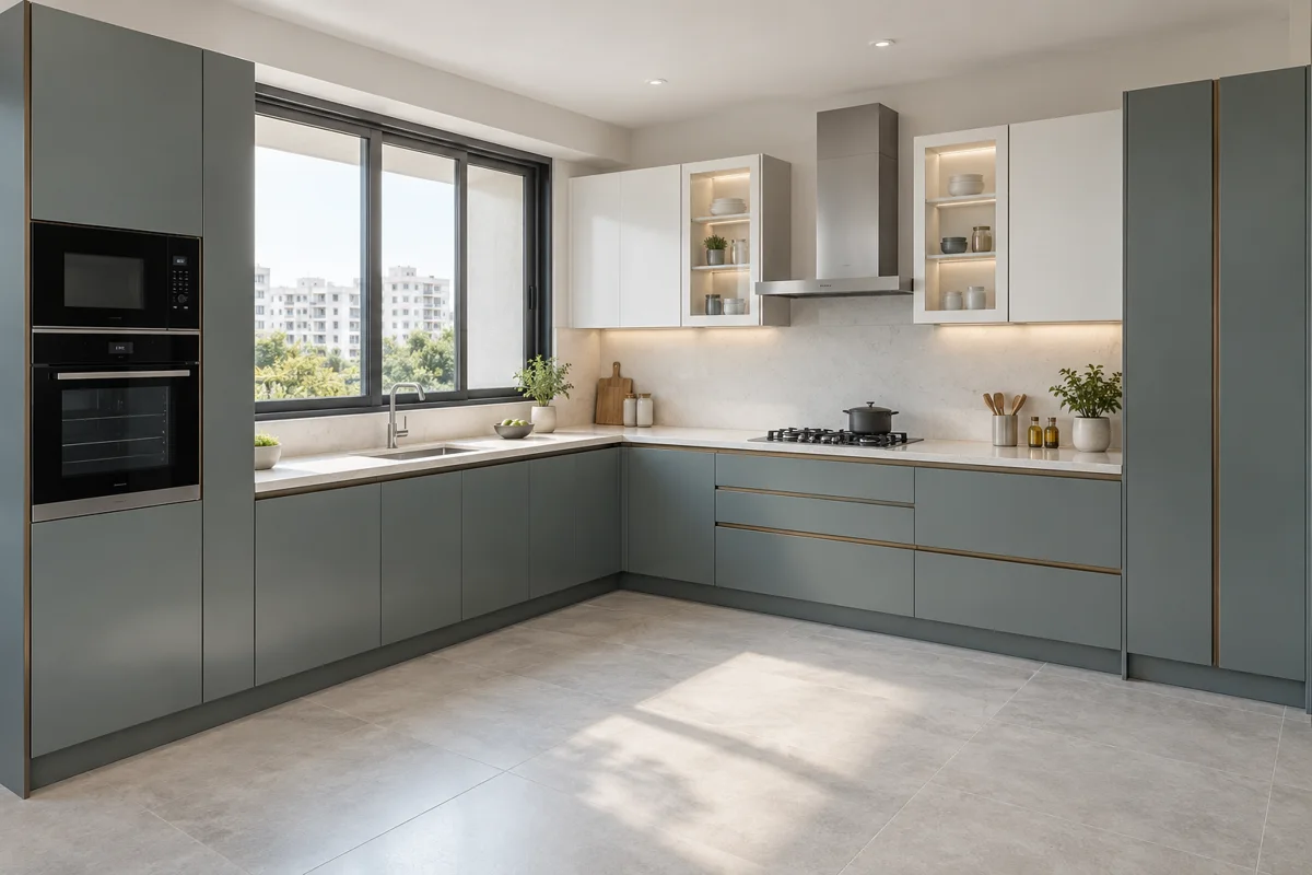 smoky eucalyptus and oyster white L-shaped steel kitchen — AI-generated concept