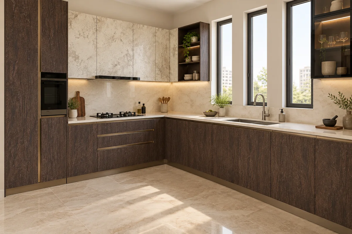 dark chocolate rough woodgrain and cream cement L-shaped steel kitchen — AI-generated concept