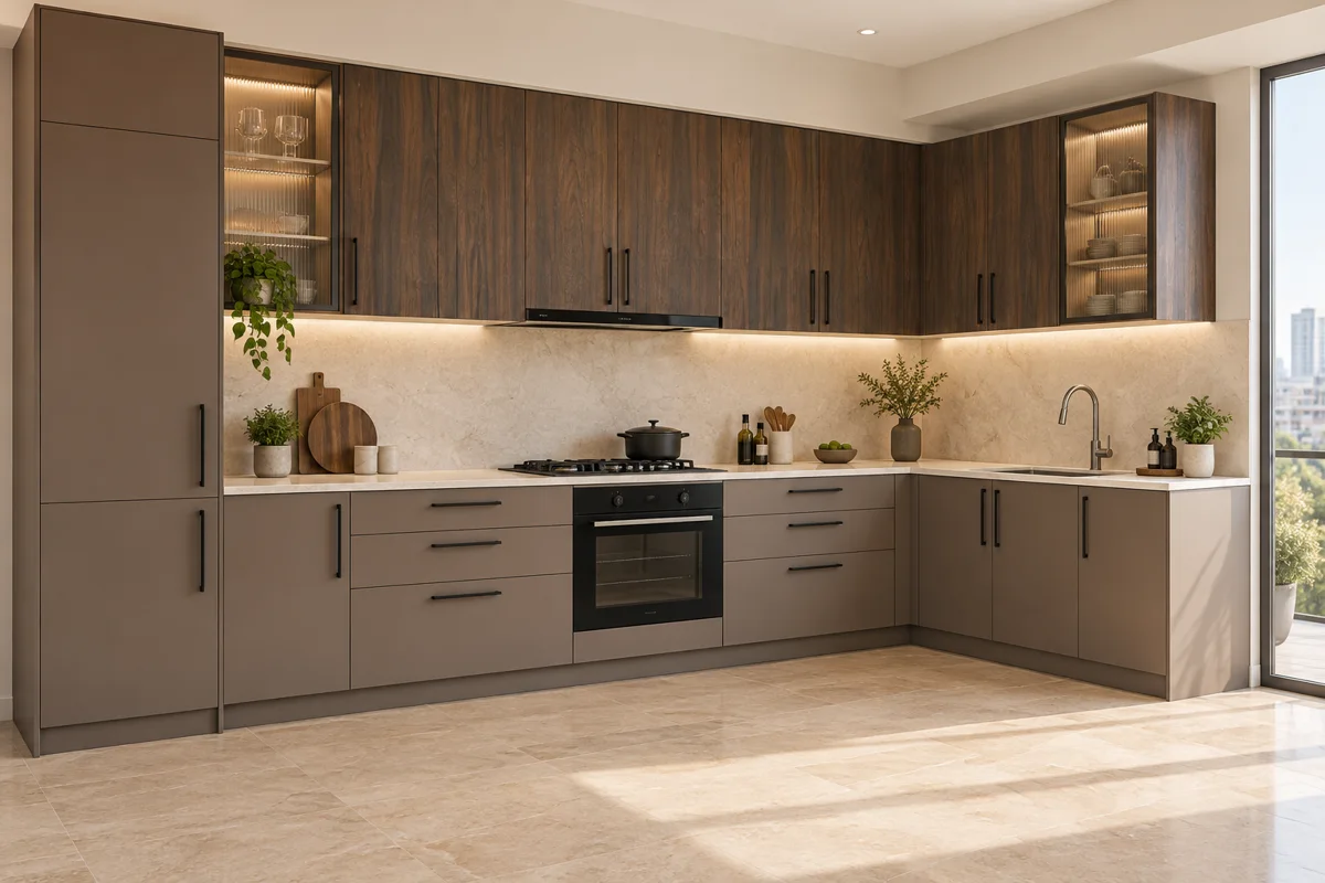 cocoa taupe and dark smoked oak grain L-shaped steel kitchen — AI-generated concept
