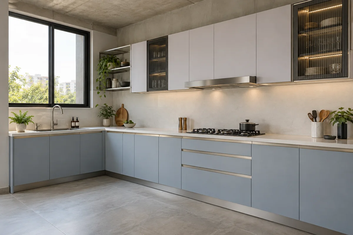 pale blue-grey and pearl grey L-shaped steel kitchen — AI-generated concept