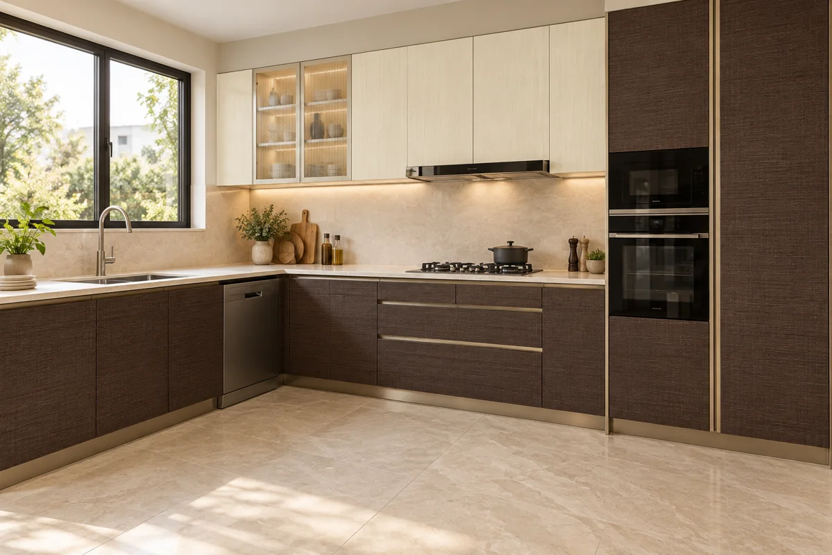 dark chocolate woven decor and pale cream vertical grain L-shaped steel kitchen — AI-generated concept
