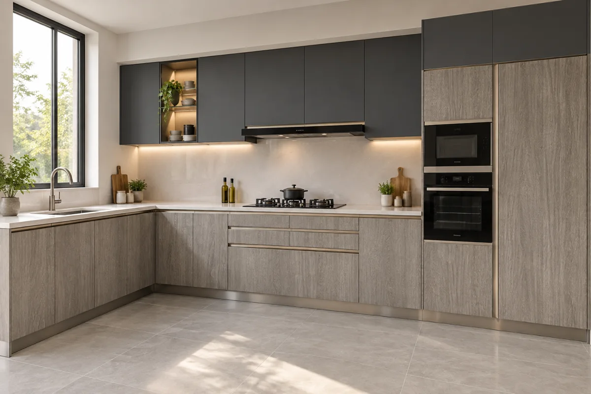 grey oak grain and graphite L-shaped steel kitchen — AI-generated concept
