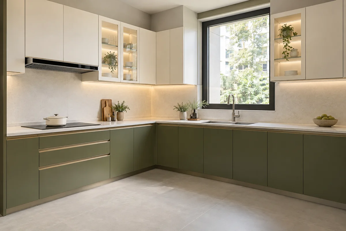deep olive and warm ivory offset-upper L-shaped steel kitchen — AI-generated concept