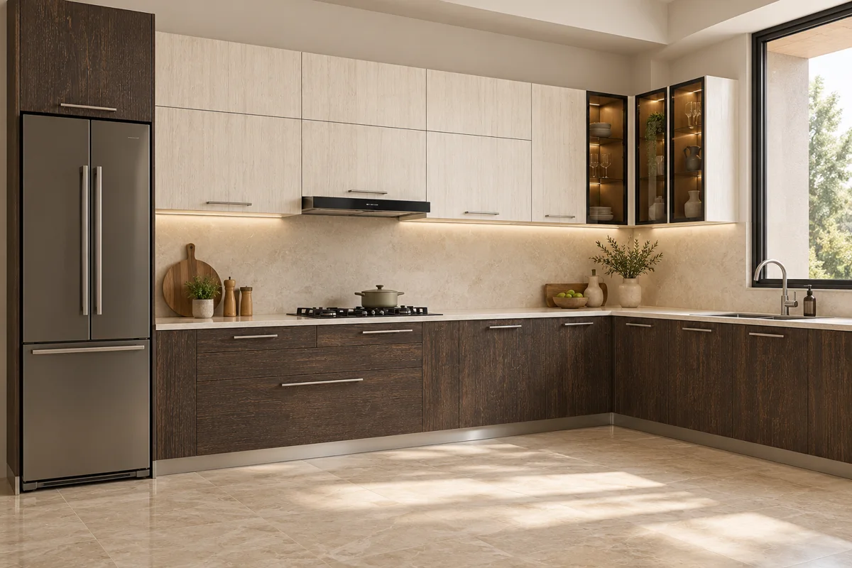 dark brown coarse timber grain and pale ivory oak grain L-shaped steel kitchen — AI-generated concept