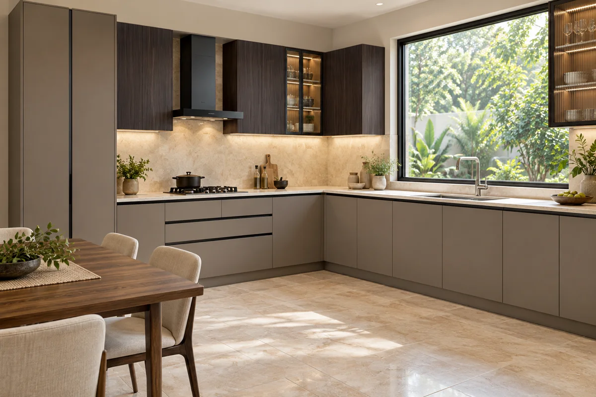 cocoa taupe and deep chocolate vertical grain L-shaped steel kitchen — AI-generated concept