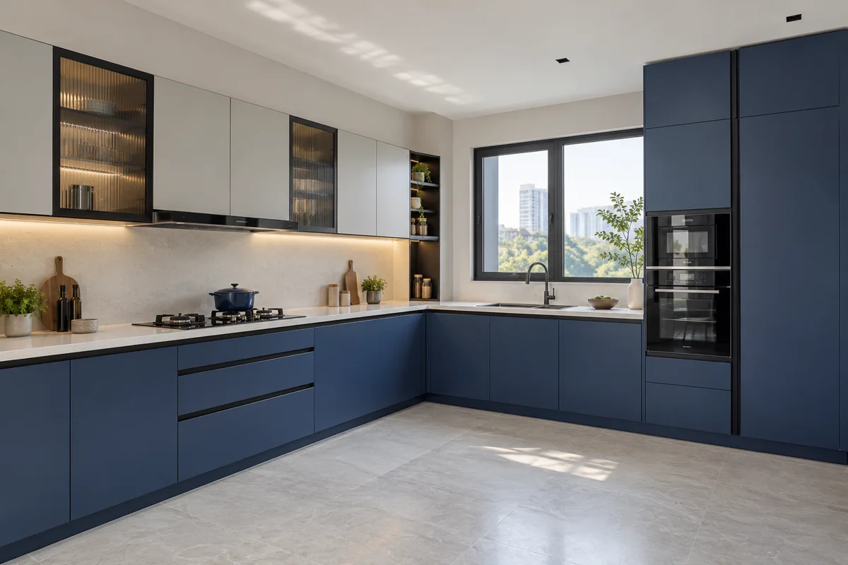 dusty navy and pearl grey L-shaped steel kitchen — AI-generated concept