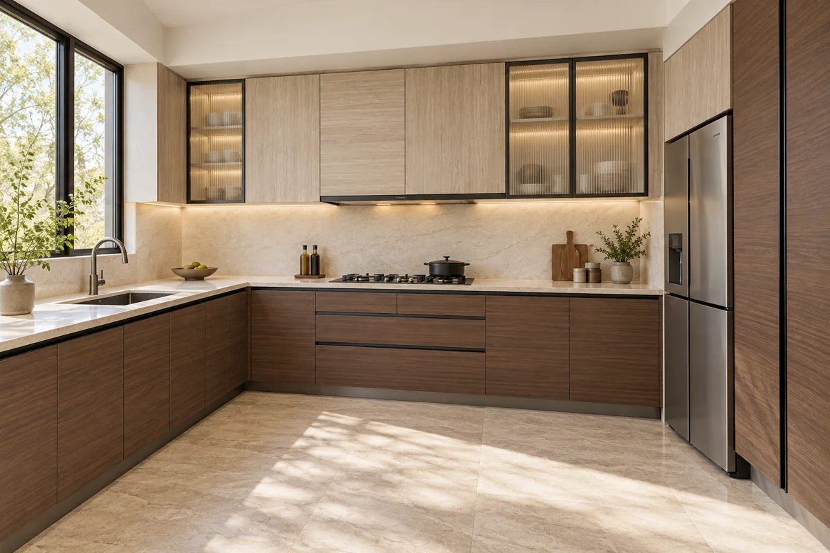 medium walnut horizontal grain and light tan oak grain L-shaped steel kitchen — AI-generated concept
