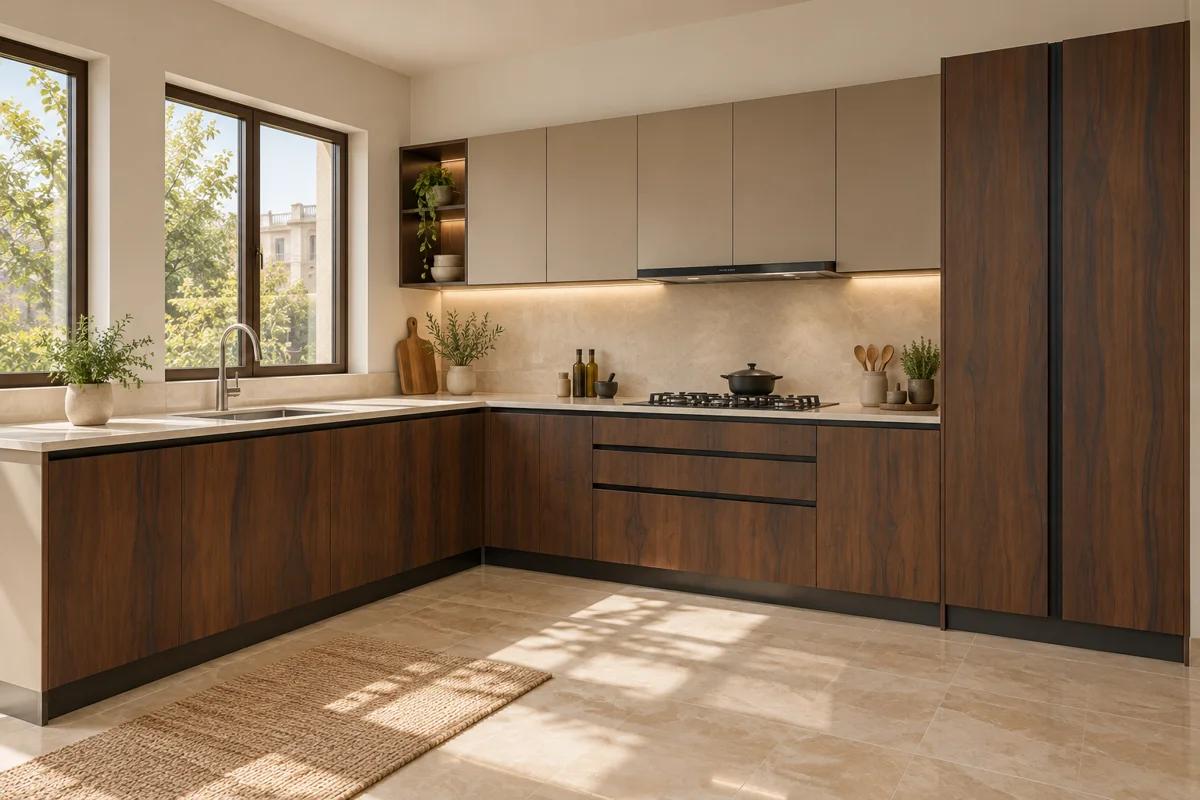 dark walnut grain and mushroom taupe L-shaped steel kitchen — AI-generated concept