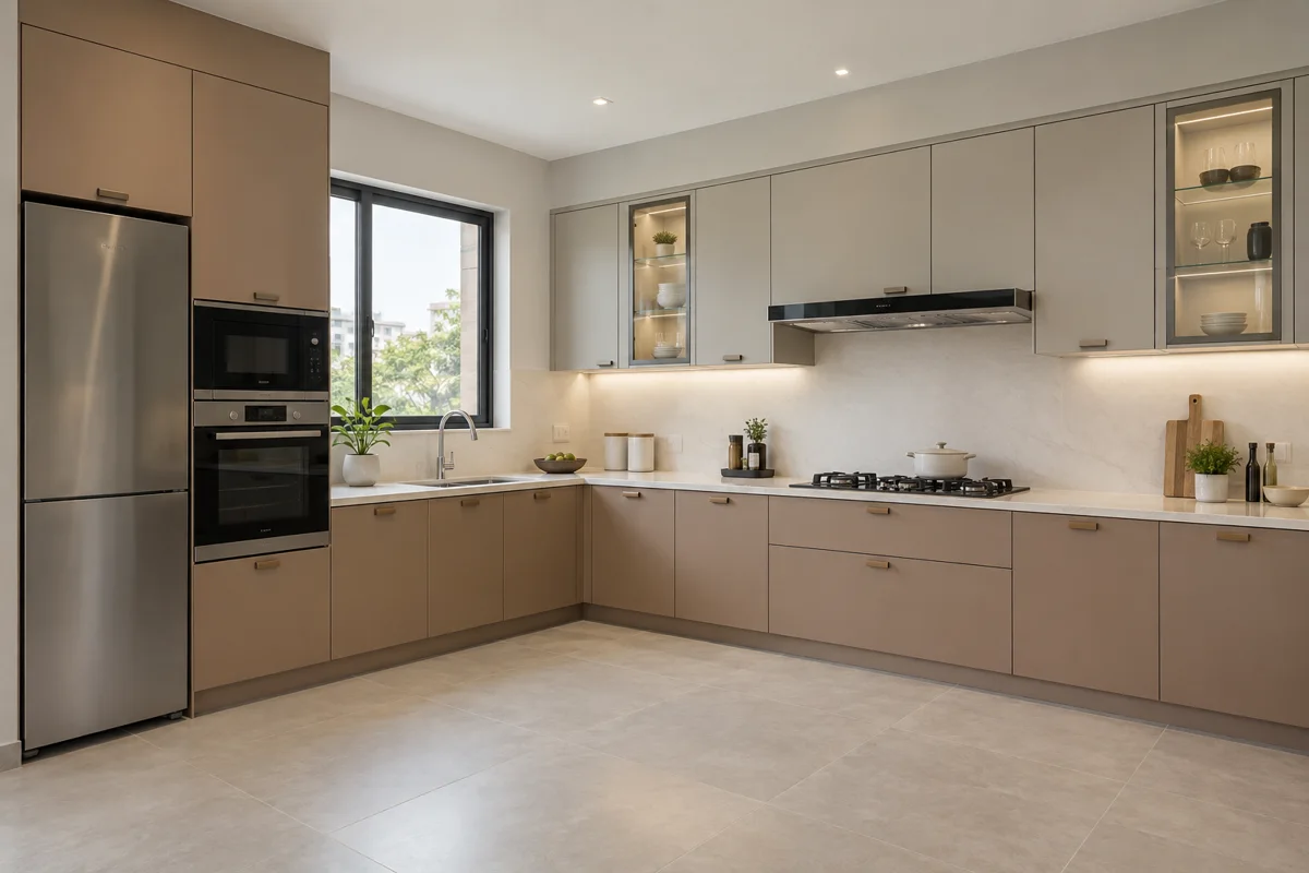 dusty clay and warm greige L-shaped steel kitchen — AI-generated concept