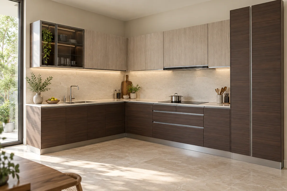 deep walnut horizontal grain and light taupe vertical grain L-shaped steel kitchen — AI-generated concept