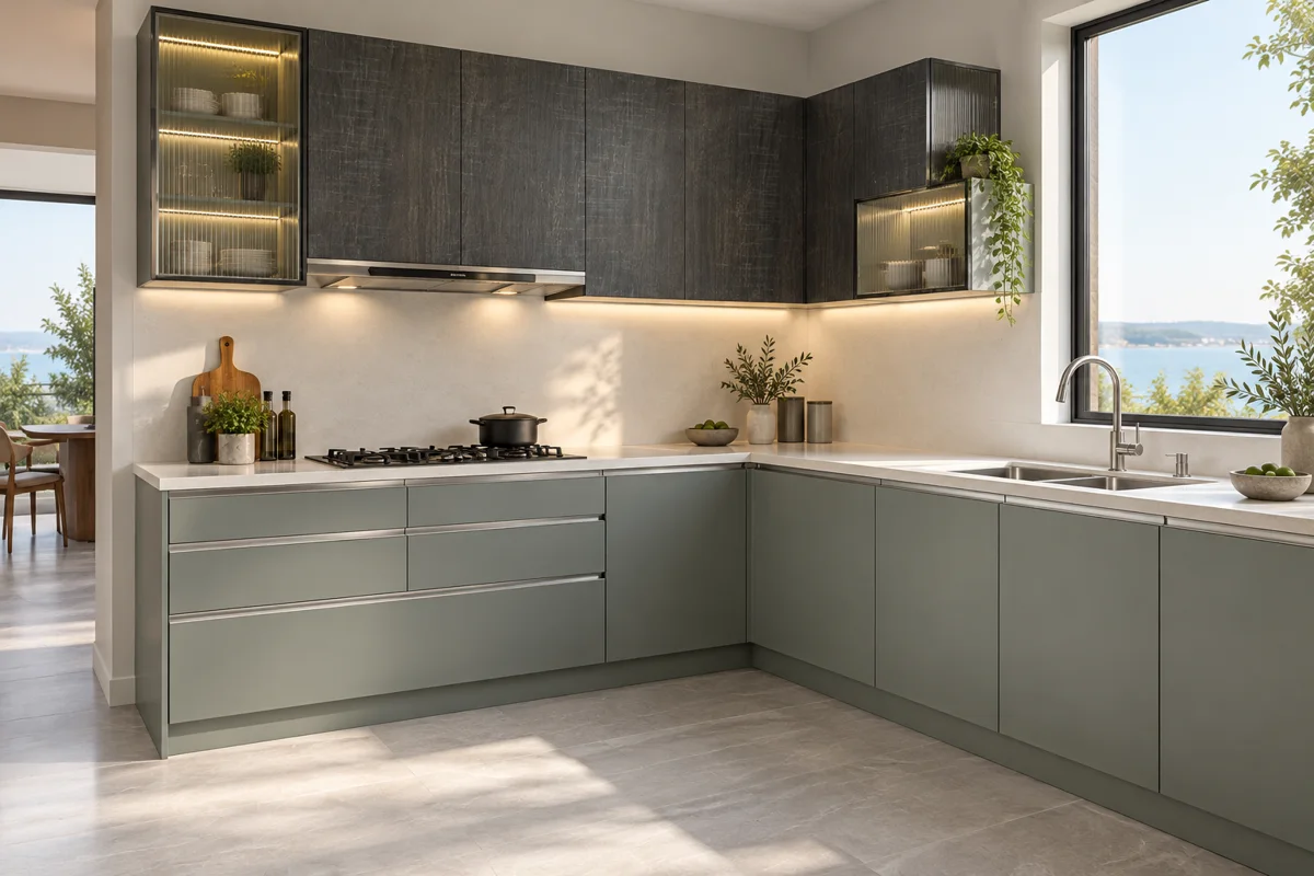 smoky eucalyptus and charcoal fine wood grain L-shaped steel kitchen — AI-generated concept