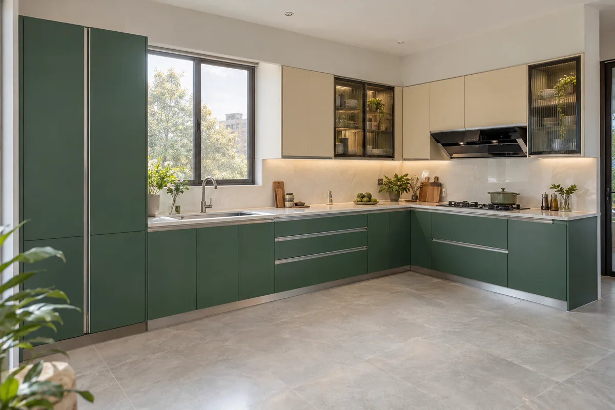 forest green and cream L-shaped steel kitchen — AI-generated concept