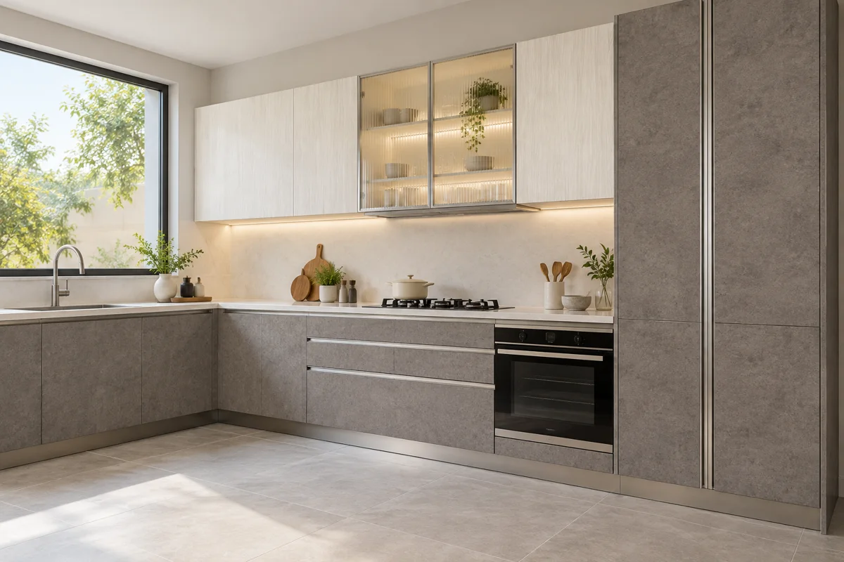 mid grey stone and pale whitewashed vertical grain L-shaped steel kitchen — AI-generated concept