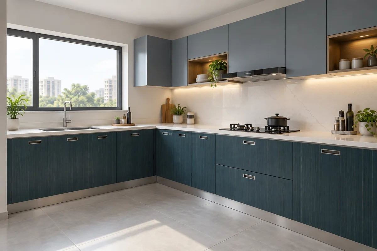 deep blue-teal vertical fine grain and slate blue L-shaped steel kitchen — AI-generated concept