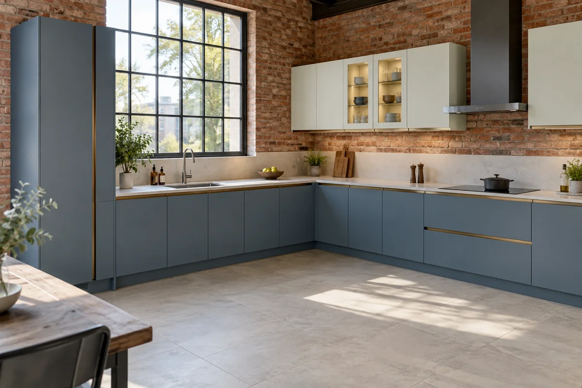 slate blue and oyster white brick-wall L-shaped steel kitchen — AI-generated concept