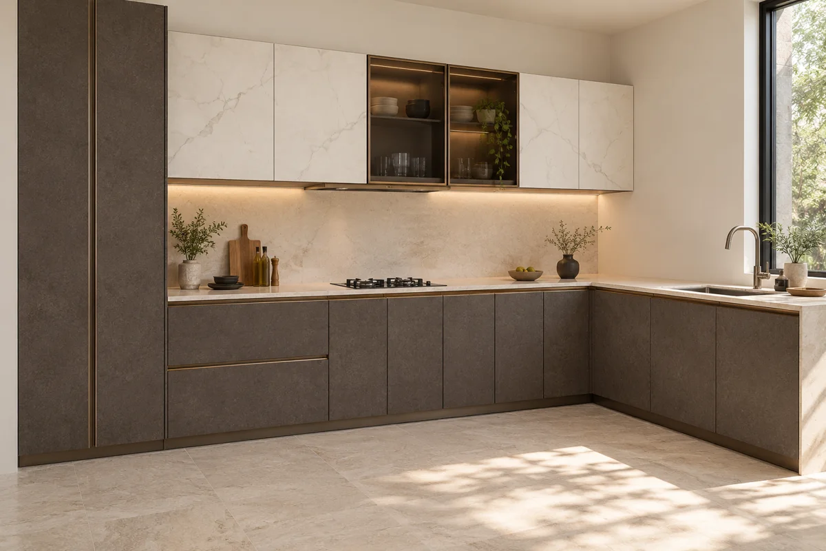 dark taupe stone and ivory marble L-shaped steel kitchen — AI-generated concept