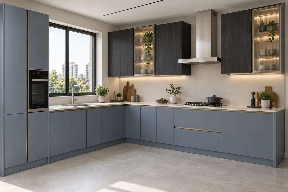 slate blue and charcoal vertical fine grain L-shaped steel kitchen — AI-generated concept