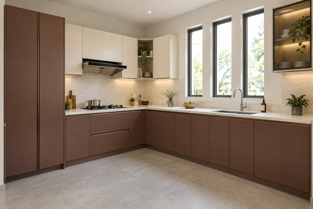 muted burgundy and warm ivory L-shaped steel kitchen — AI-generated concept