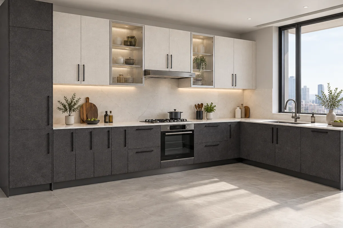 charcoal stone and soft white linen L-shaped steel kitchen — AI-generated concept