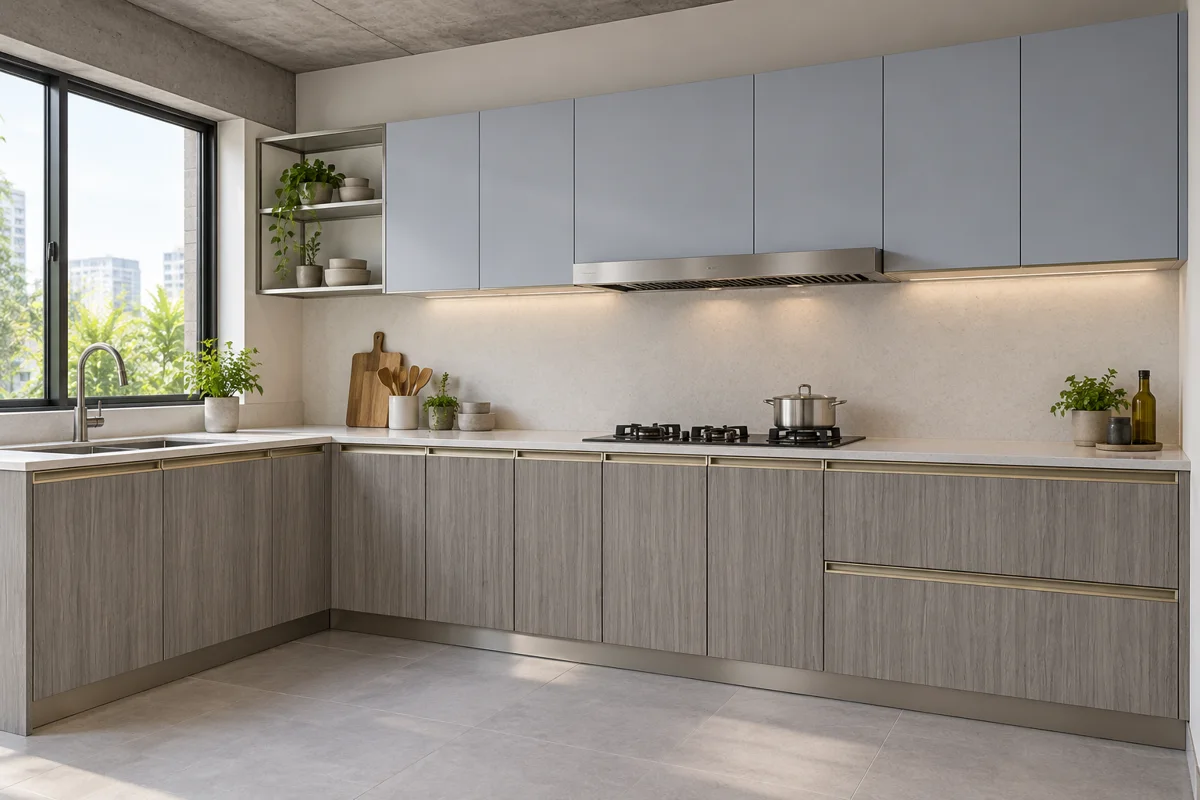 silver grey vertical woodgrain and pale blue-grey L-shaped steel kitchen — AI-generated concept
