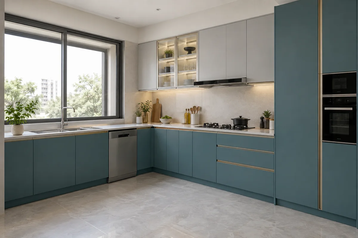 muted teal and pearl grey dishwasher L-shaped steel kitchen — AI-generated concept