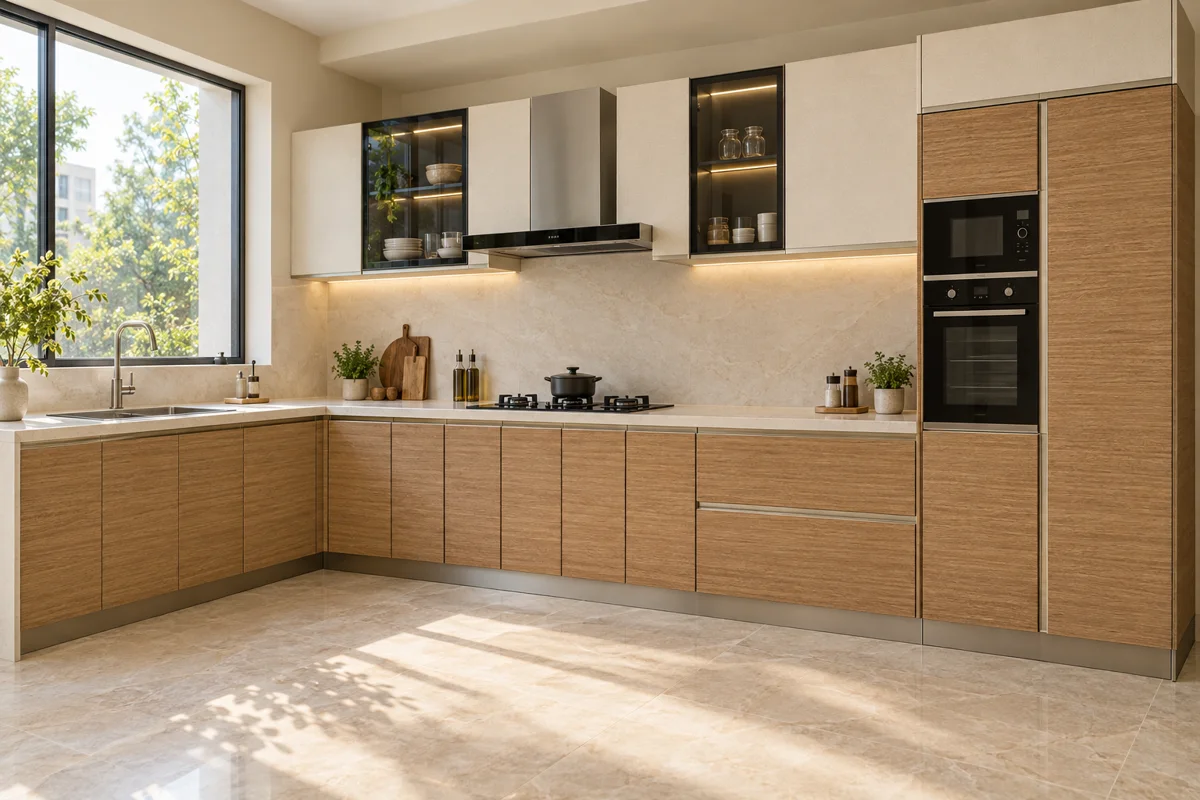 golden oak horizontal grain and cream fine canvas L-shaped steel kitchen — AI-generated concept
