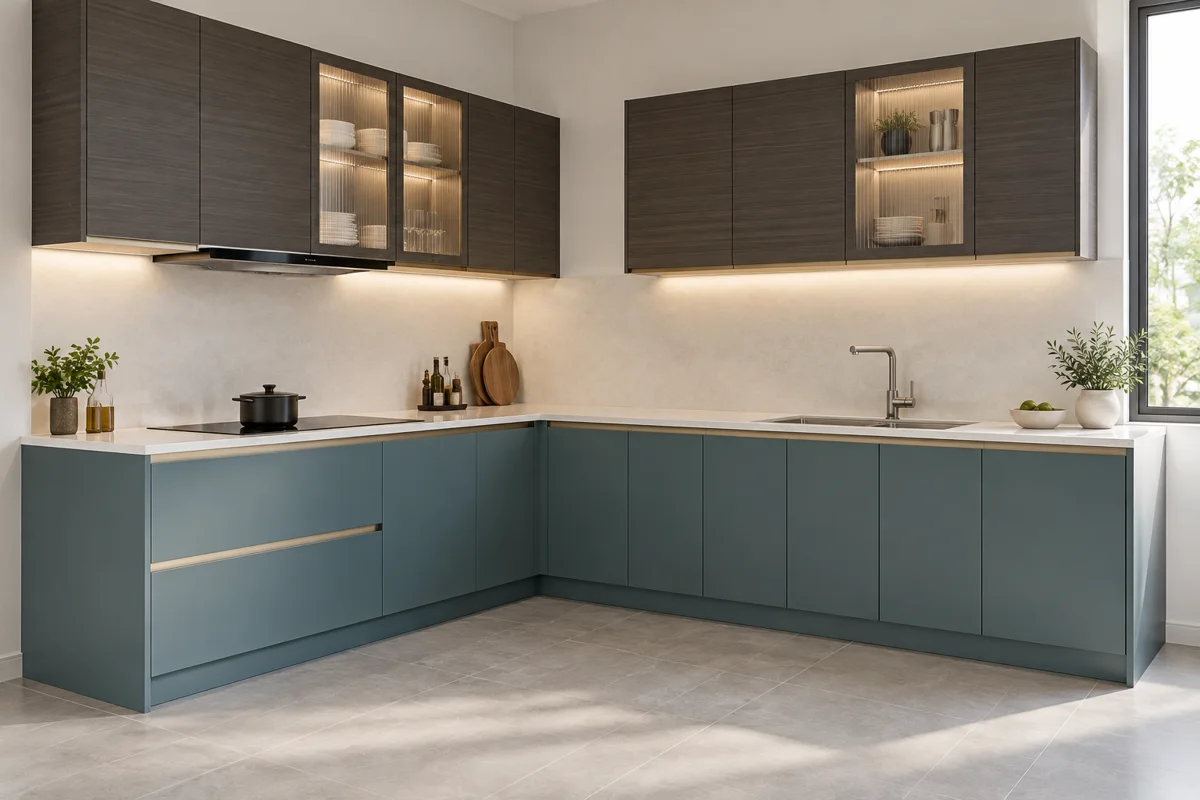 muted teal and dark grey horizontal woodgrain L-shaped steel kitchen — AI-generated concept