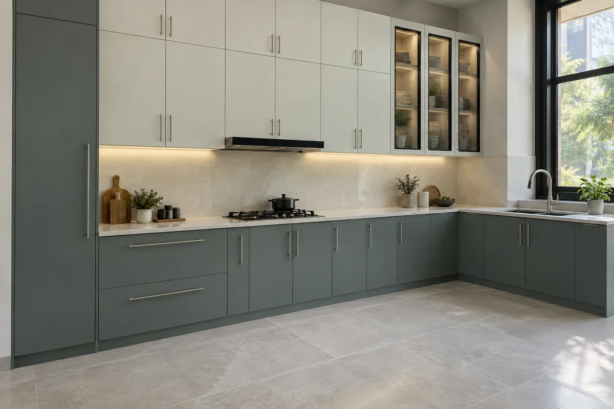 smoky eucalyptus and oyster white ceiling-height L-shaped steel kitchen — AI-generated concept