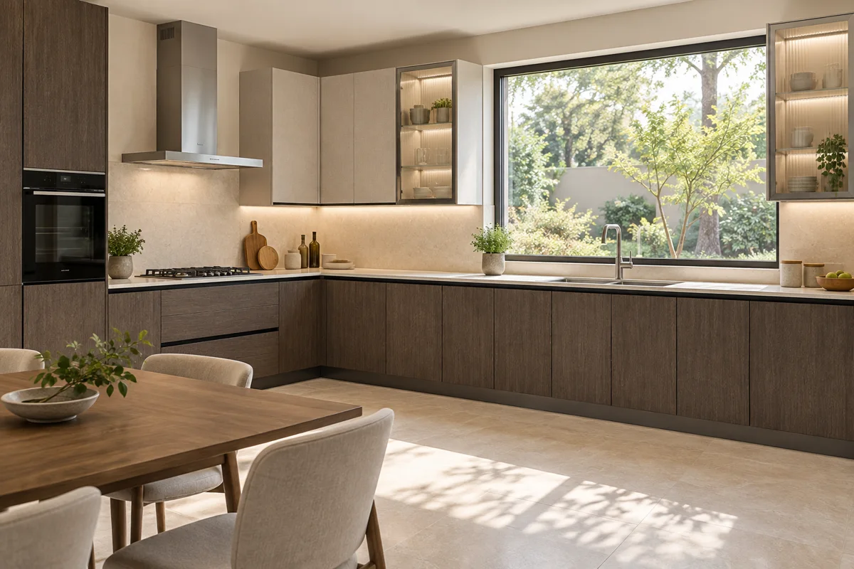 dark brown oak grain and pale greige fine canvas L-shaped steel kitchen — AI-generated concept