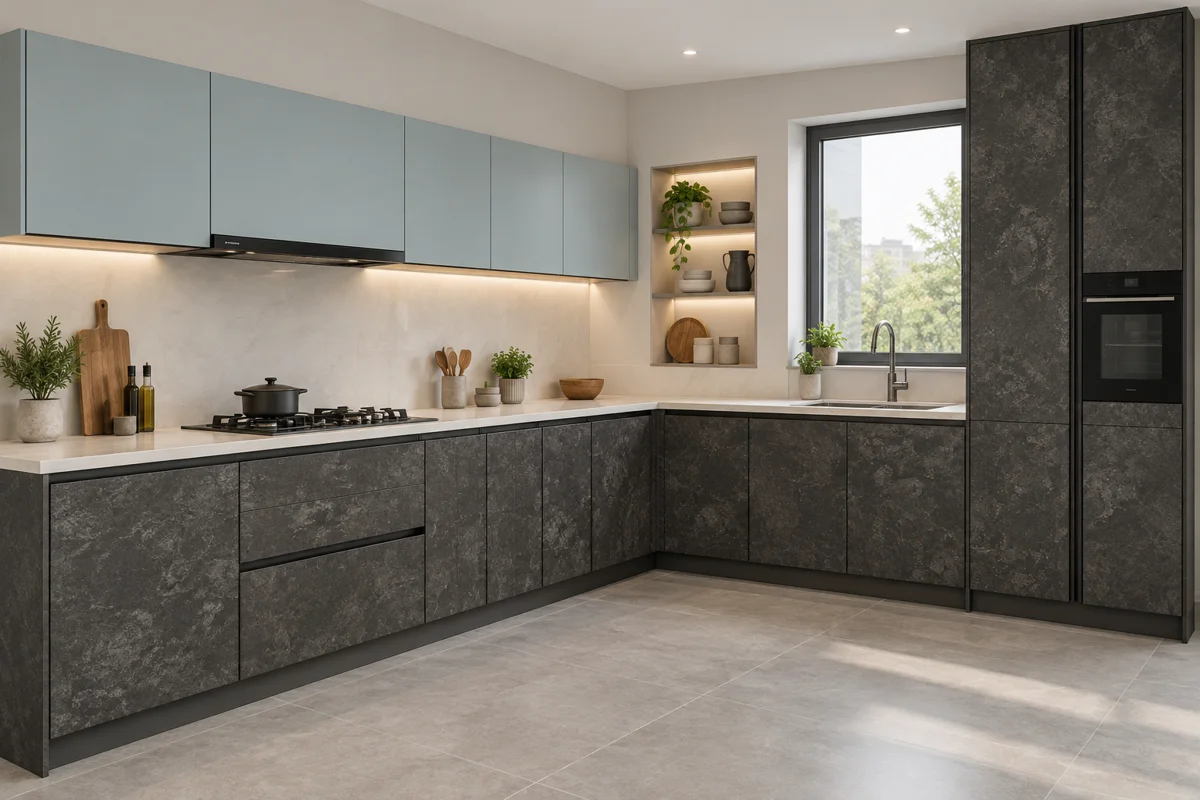 dark charcoal stone and pale blue-grey L-shaped steel kitchen — AI-generated concept