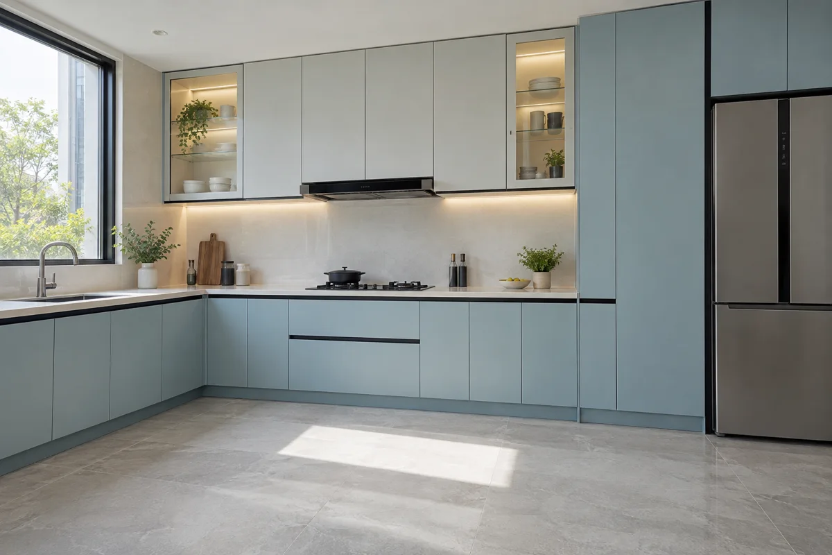 pale blue-grey and pearl grey pantry L-shaped steel kitchen — AI-generated concept