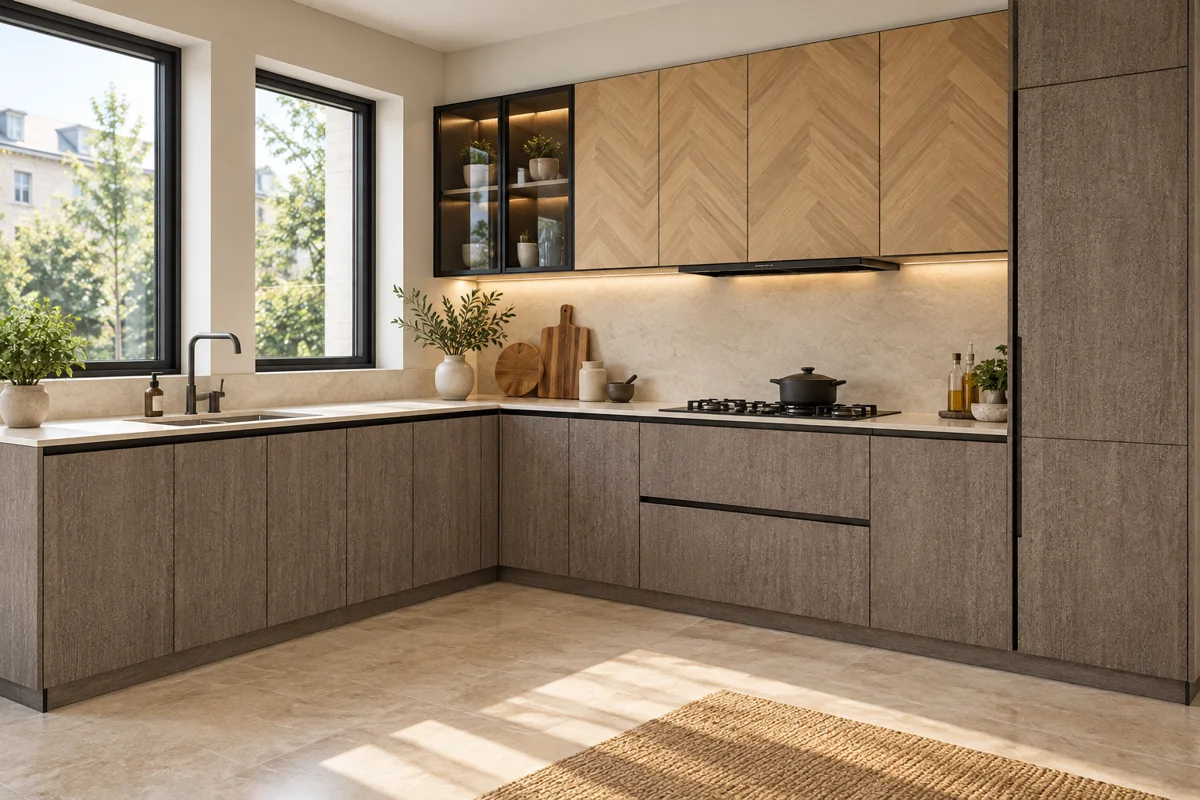 taupe fine textured decor and pale honey chevron wood decor L-shaped steel kitchen — AI-generated concept