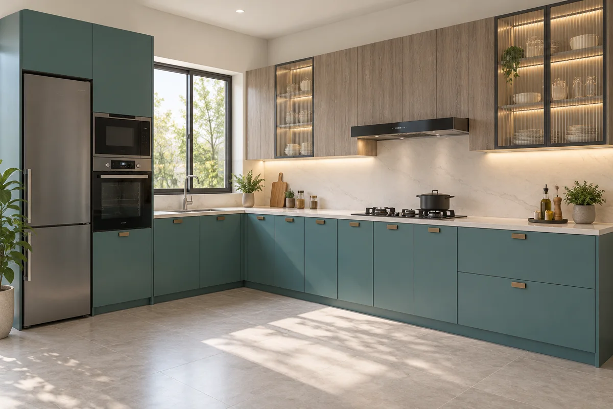 muted teal and grey oak grain L-shaped steel kitchen — AI-generated concept