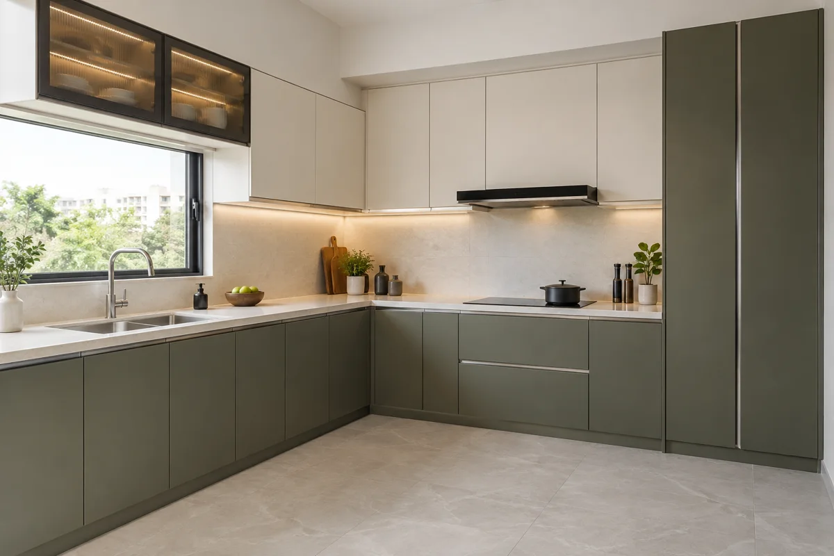 deep olive and warm ivory lift-door L-shaped steel kitchen — AI-generated concept