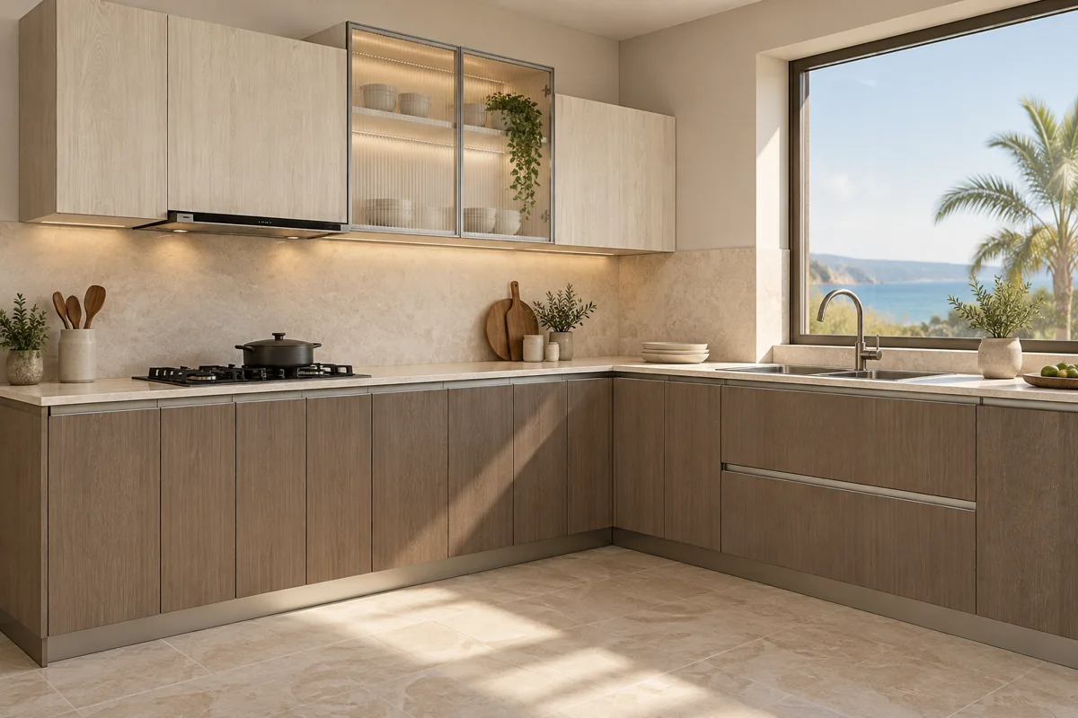 mushroom brown fine grain and light cream oak grain L-shaped steel kitchen — AI-generated concept